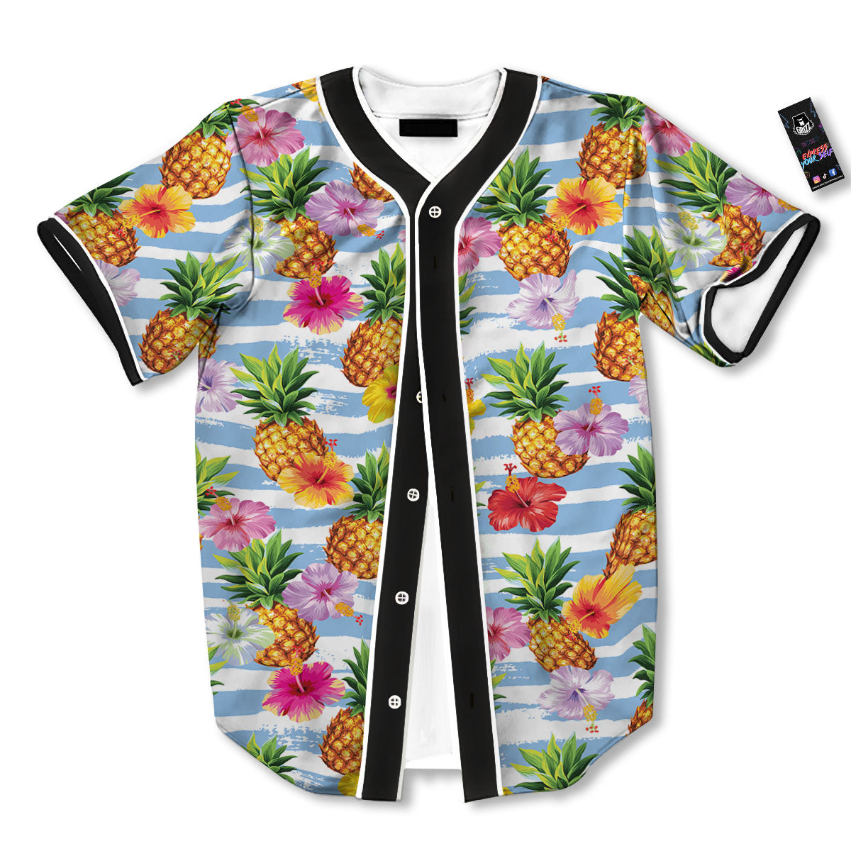 Striped Hibiscus And Pineapple Print Baseball Jersey-grizzshop