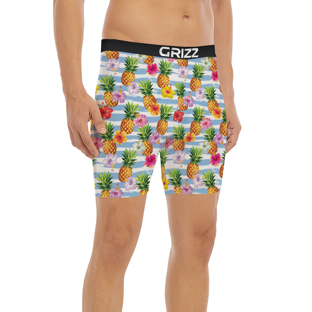 Striped Hibiscus And Pineapple Print Boxer Briefs-grizzshop