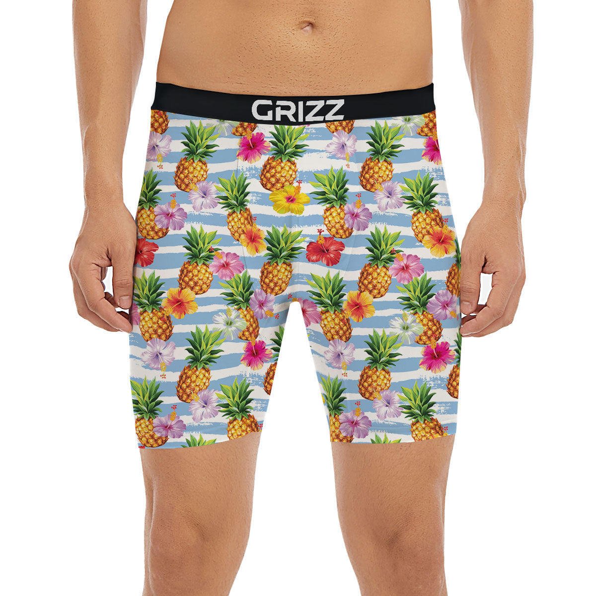 Striped Hibiscus And Pineapple Print Boxer Briefs-grizzshop