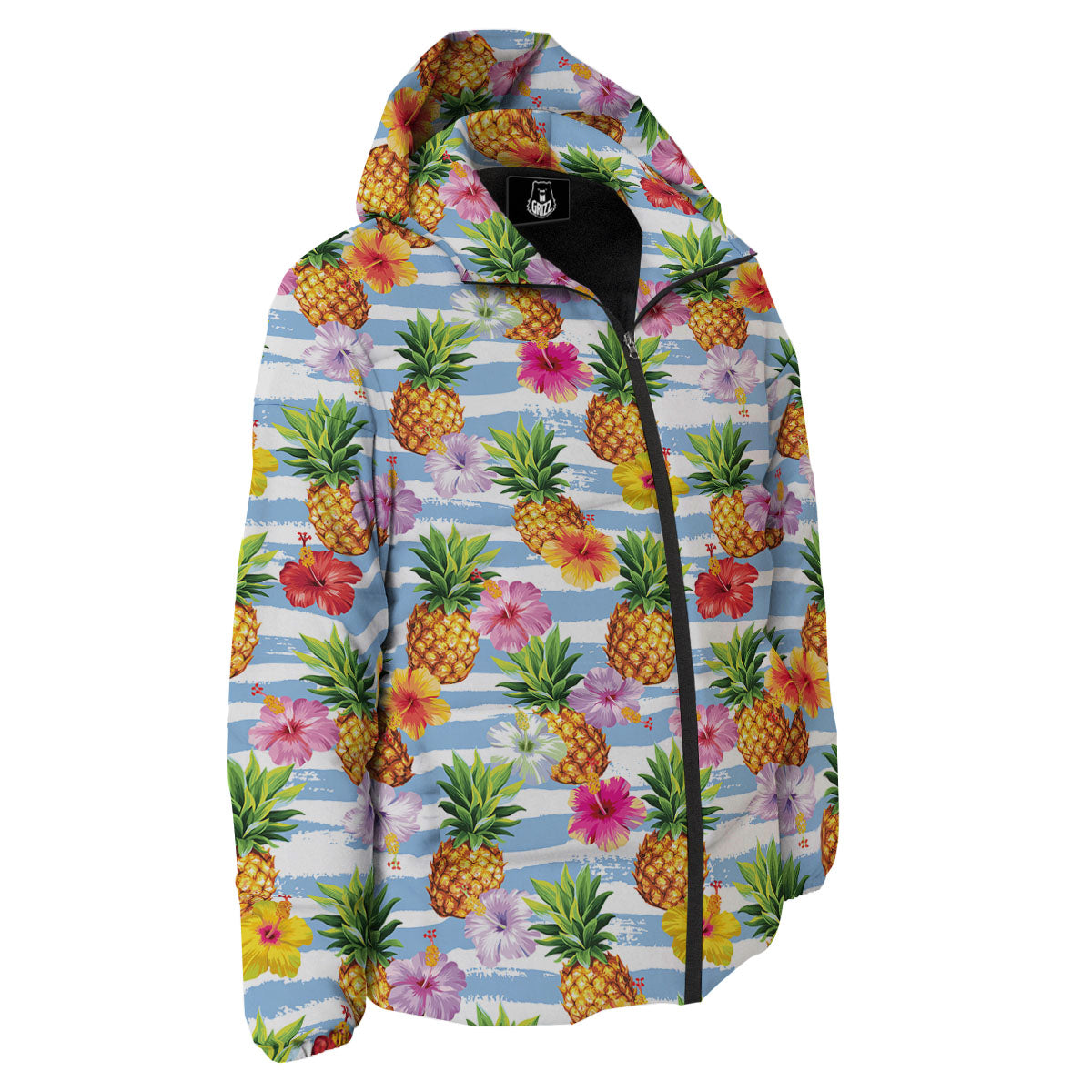 Striped Hibiscus And Pineapple Print Down Jacket-grizzshop