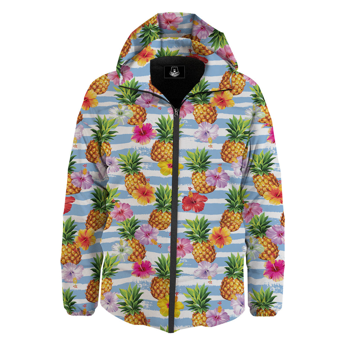 Striped Hibiscus And Pineapple Print Down Jacket-grizzshop