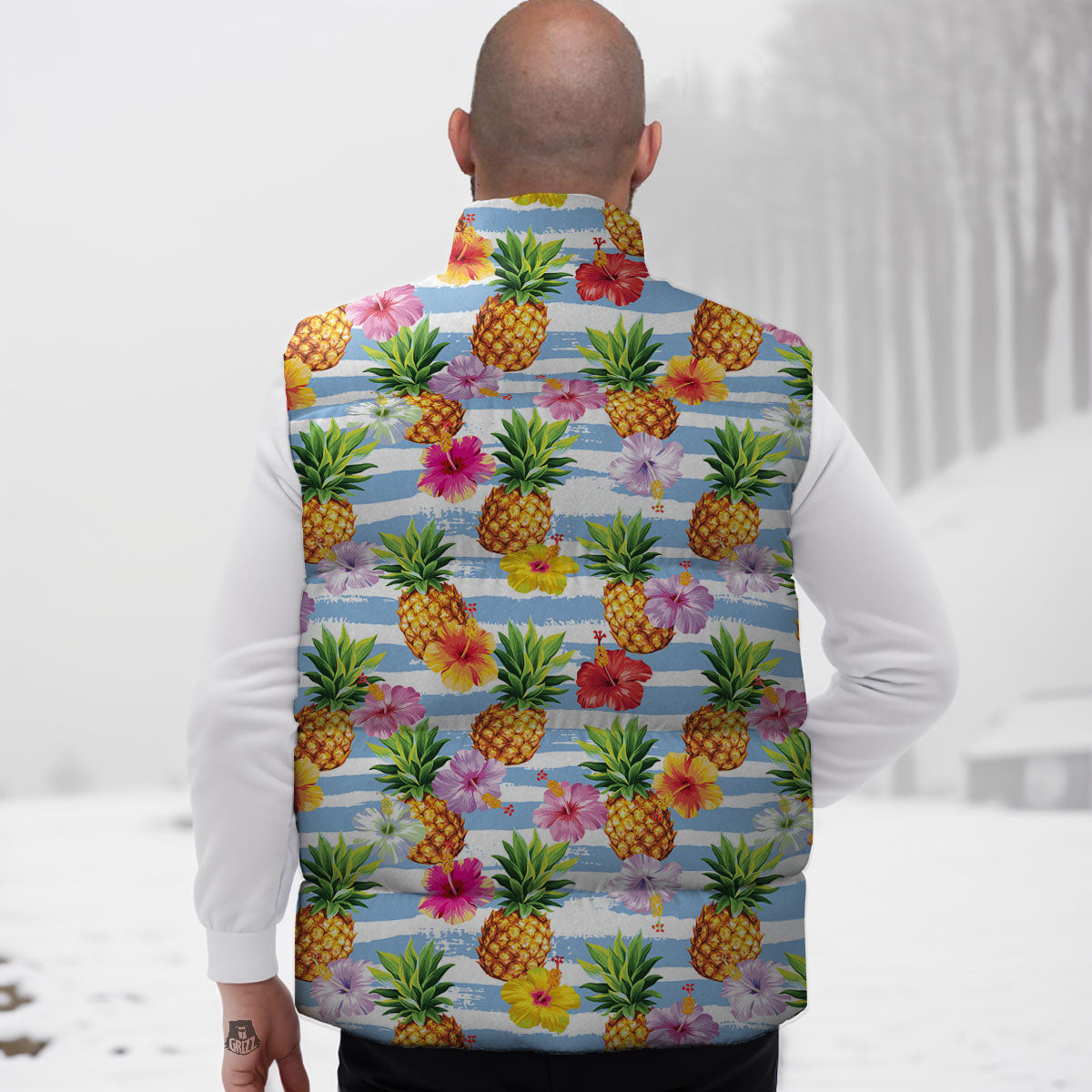Striped Hibiscus And Pineapple Print Down Vest