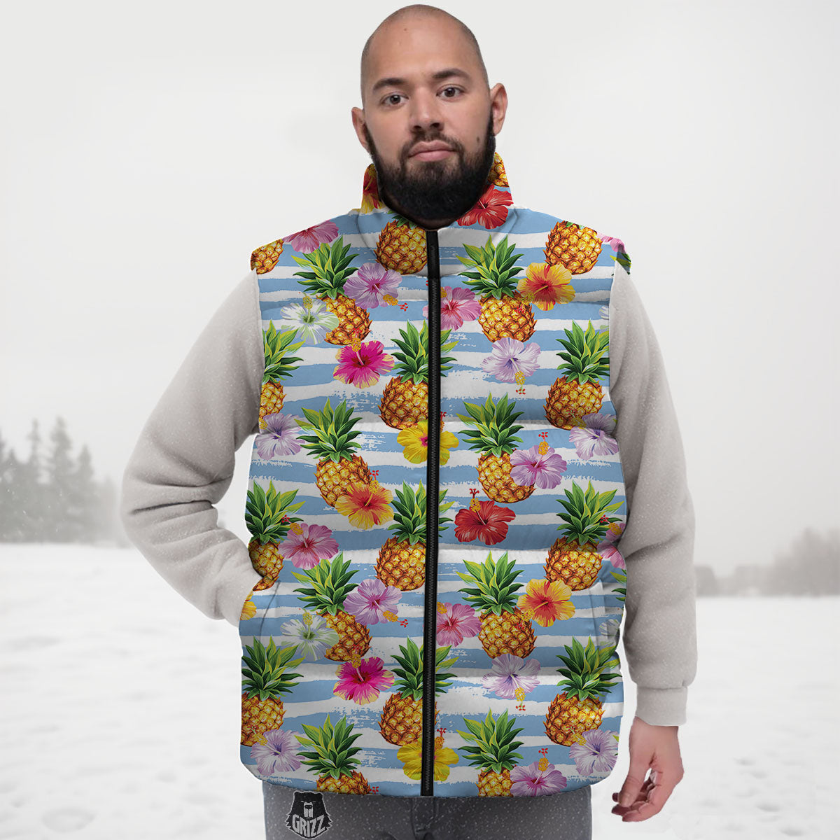 Striped Hibiscus And Pineapple Print Down Vest