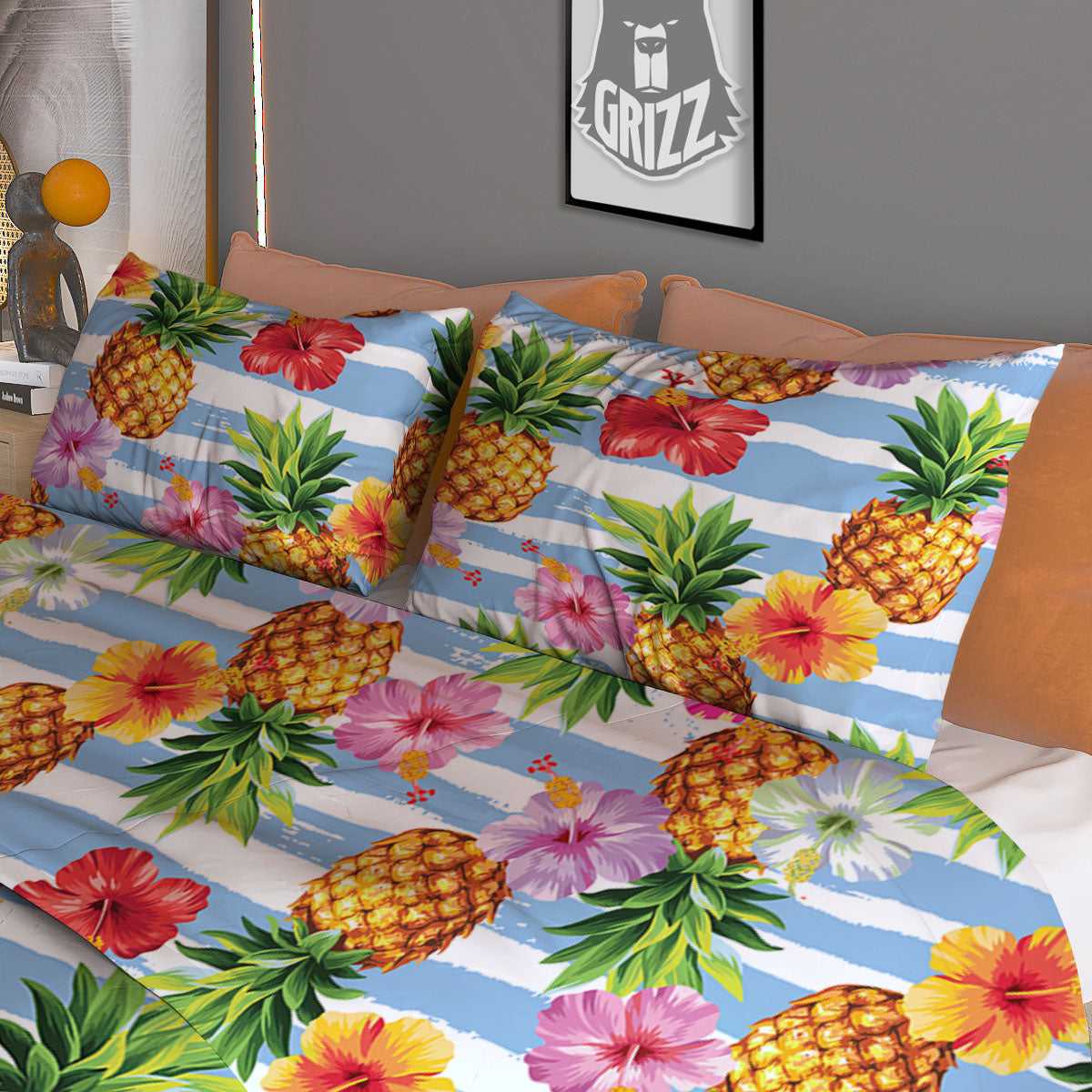 Striped Hibiscus And Pineapple Print Duvet Cover Bedding Set
