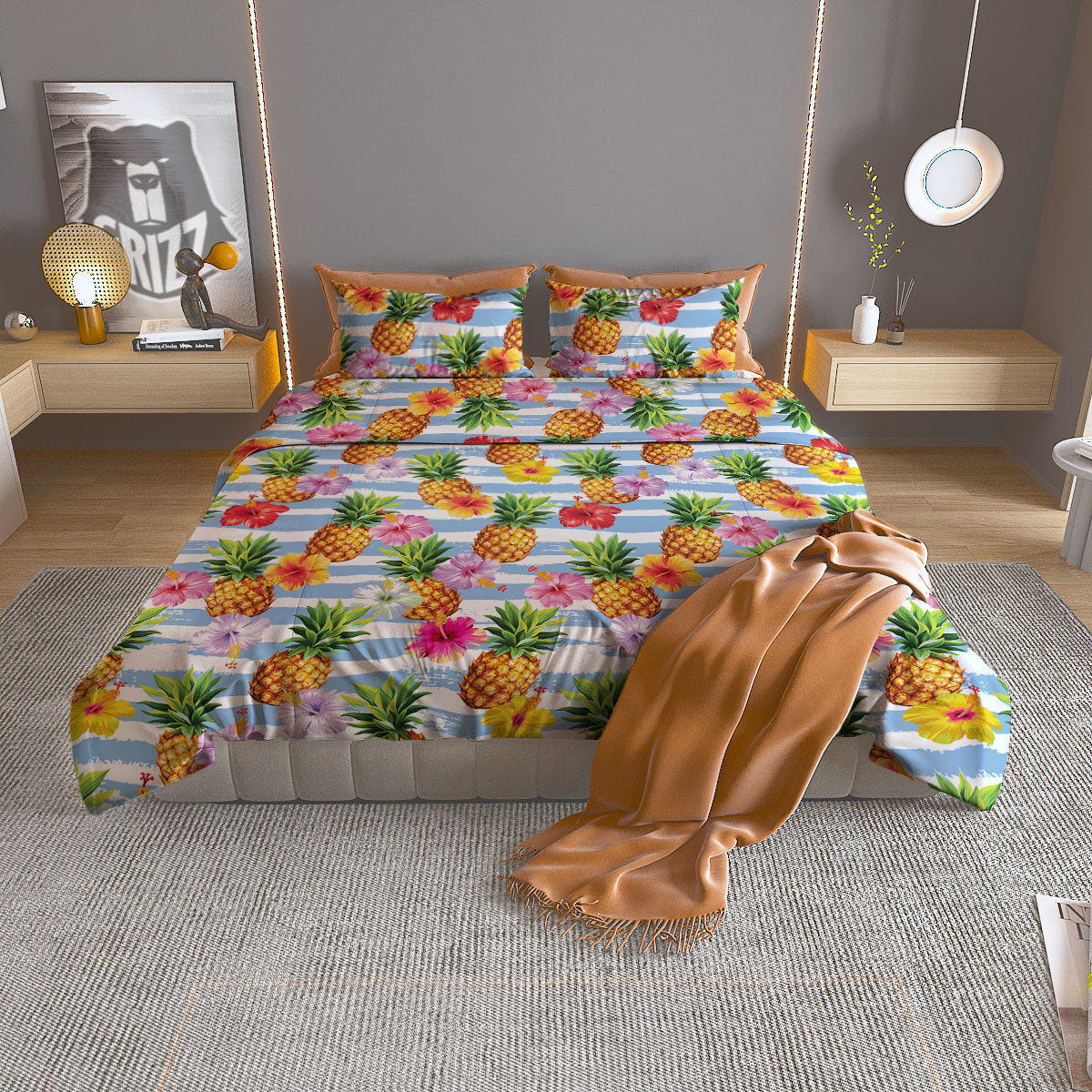 Striped Hibiscus And Pineapple Print Duvet Cover Bedding Set
