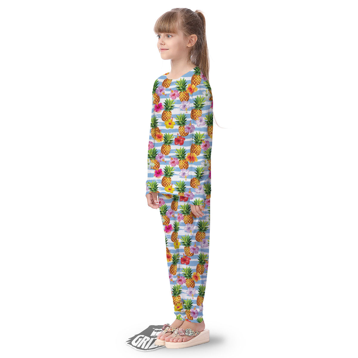 Striped Hibiscus And Pineapple Print Kid's Pajamas-grizzshop