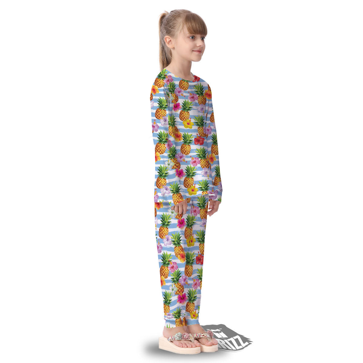 Striped Hibiscus And Pineapple Print Kid's Pajamas-grizzshop