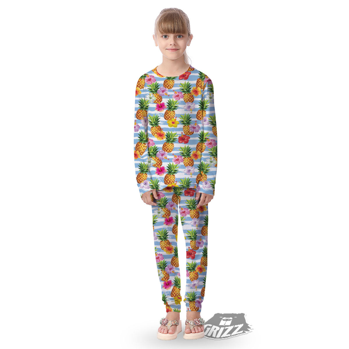 Striped Hibiscus And Pineapple Print Kid's Pajamas-grizzshop