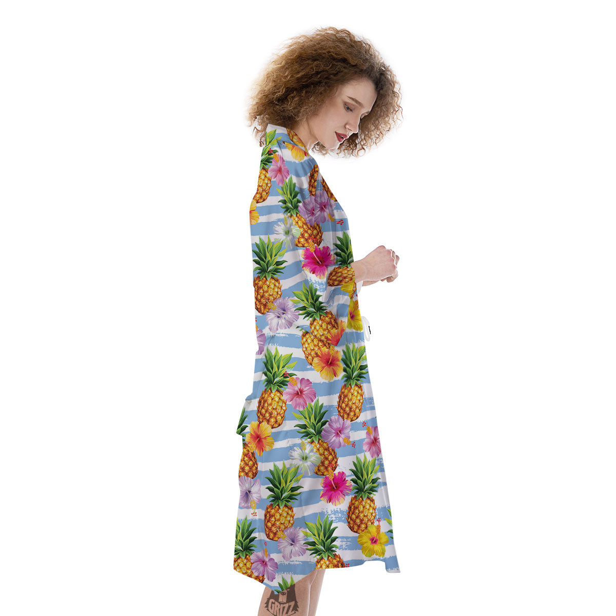 Striped Hibiscus And Pineapple Print Kimono-grizzshop