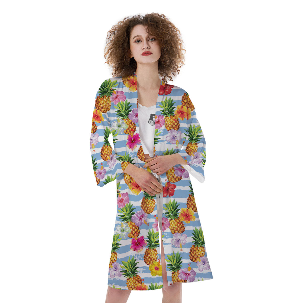 Striped Hibiscus And Pineapple Print Kimono-grizzshop