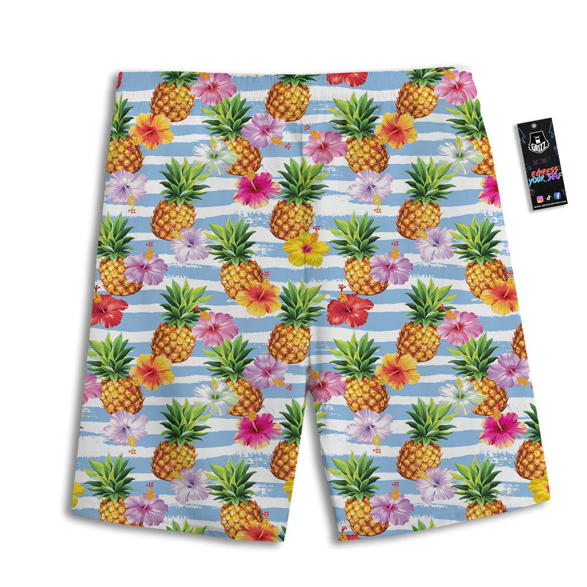 Striped Hibiscus And Pineapple Print Men's Athletic Shorts