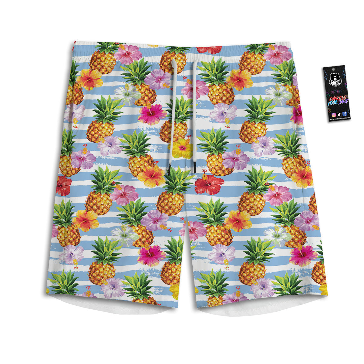 Striped Hibiscus And Pineapple Print Men's Athletic Shorts