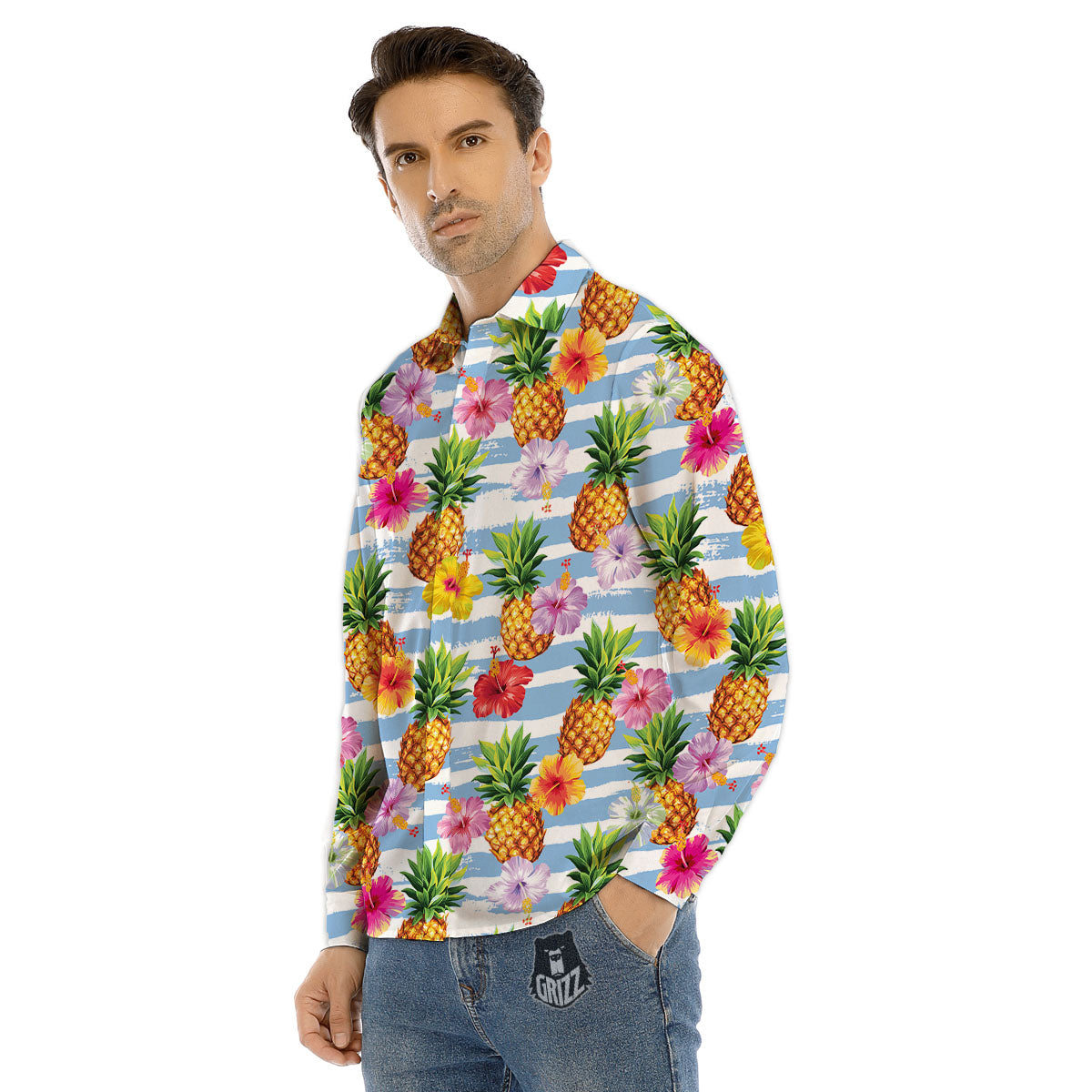 Striped Hibiscus And Pineapple Print Men's Dress Shirts-grizzshop