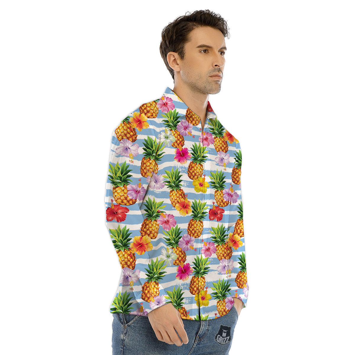 Striped Hibiscus And Pineapple Print Men's Dress Shirts-grizzshop