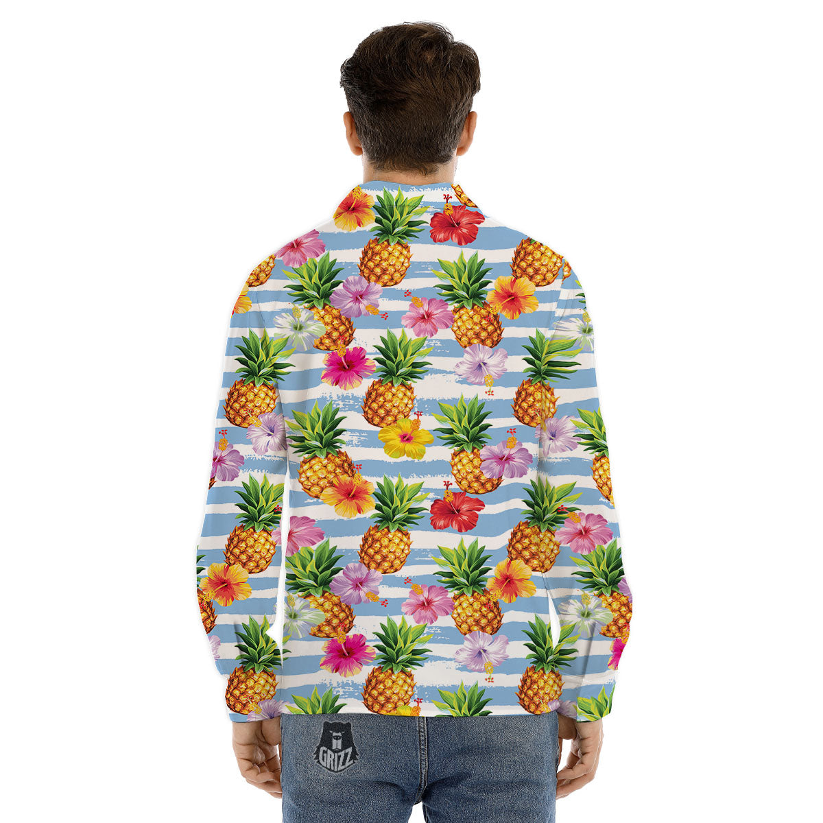 Striped Hibiscus And Pineapple Print Men's Dress Shirts-grizzshop