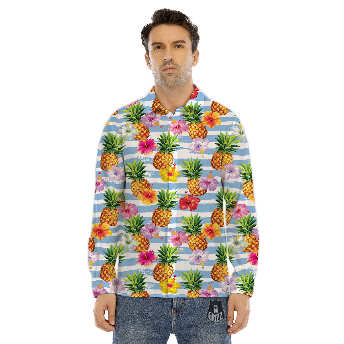 Striped Hibiscus And Pineapple Print Men's Dress Shirts-grizzshop