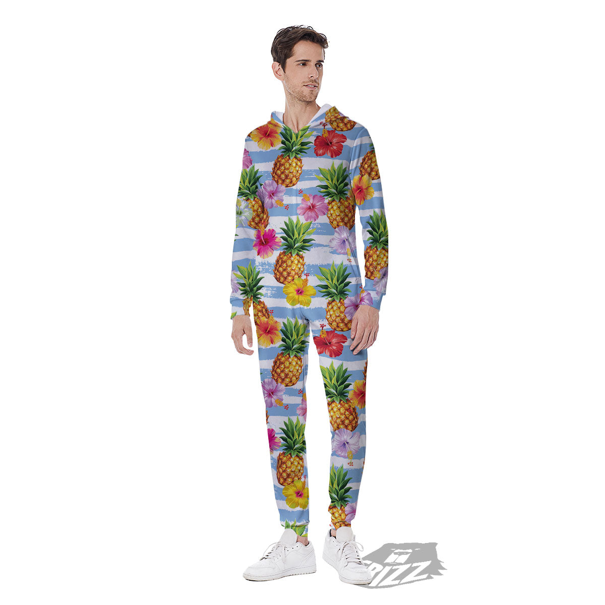 Striped Hibiscus And Pineapple Print Men's Jumpsuit-grizzshop