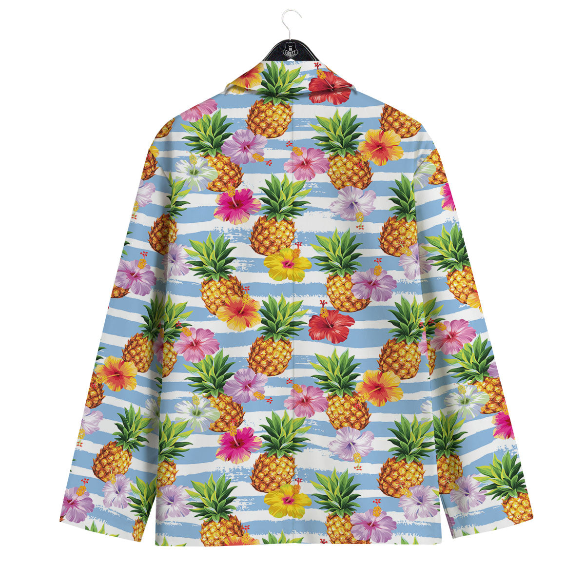 Striped Hibiscus And Pineapple Print Men's Sport Coat-grizzshop