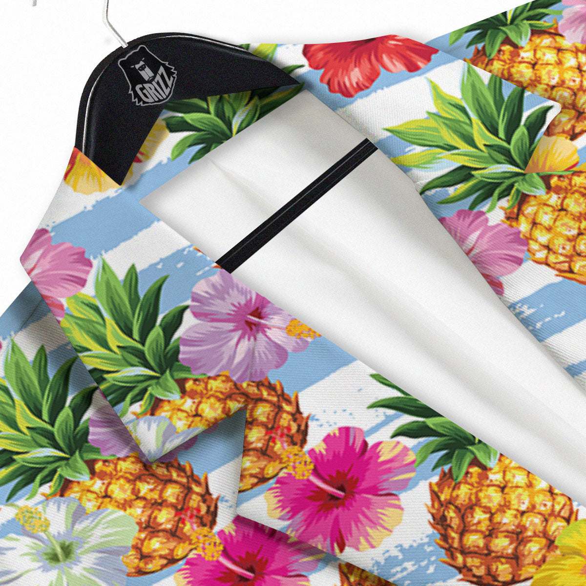Striped Hibiscus And Pineapple Print Men's Sport Coat-grizzshop