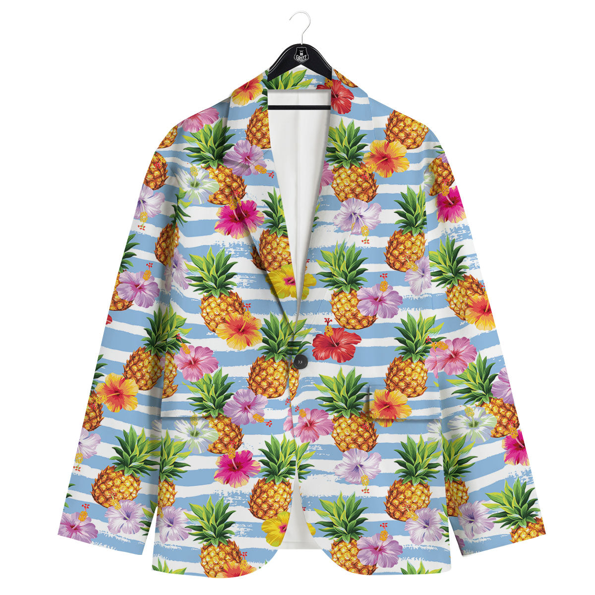 Striped Hibiscus And Pineapple Print Men's Sport Coat-grizzshop