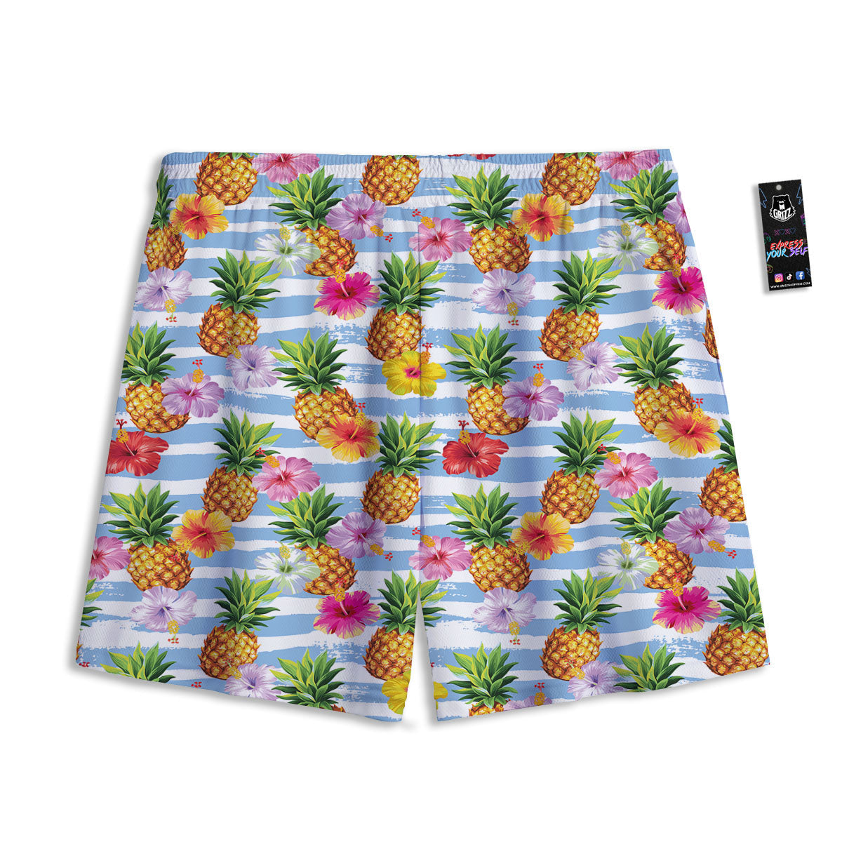 Striped Hibiscus And Pineapple Print Mesh Shorts