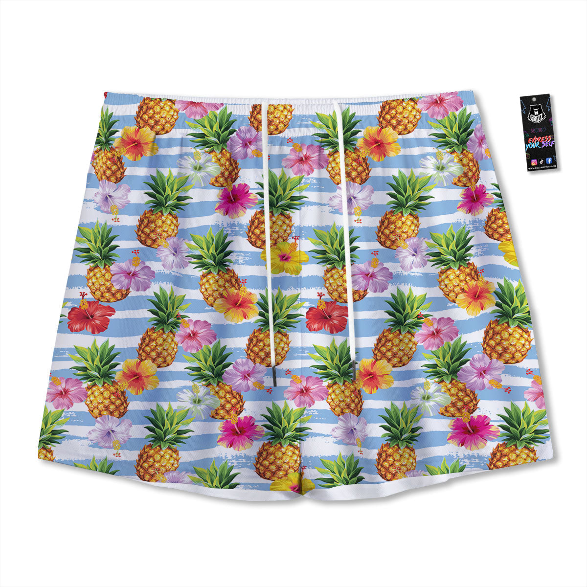 Striped Hibiscus And Pineapple Print Mesh Shorts