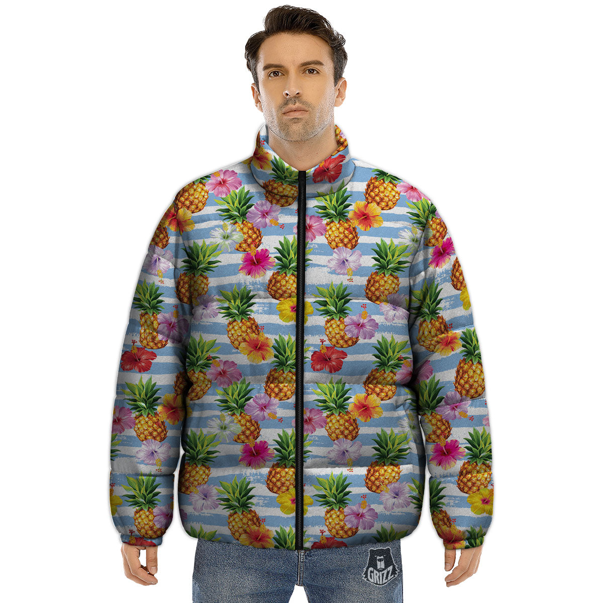Striped Hibiscus And Pineapple Print Puffer Jacket-grizzshop