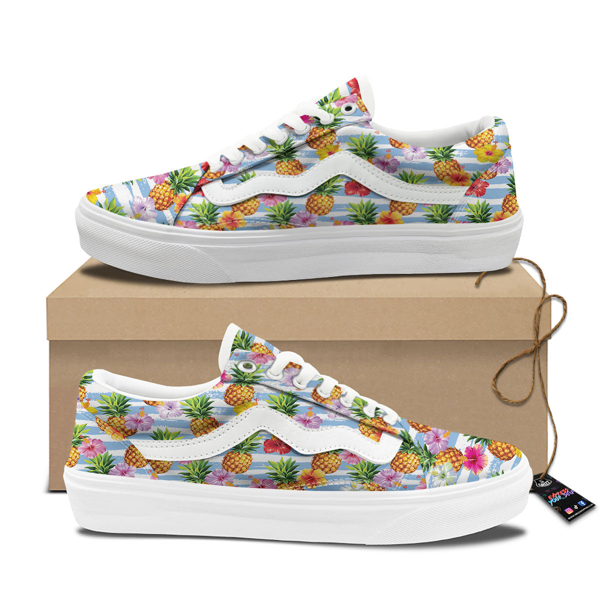 Striped Hibiscus And Pineapple Print Skate Shoes-grizzshop