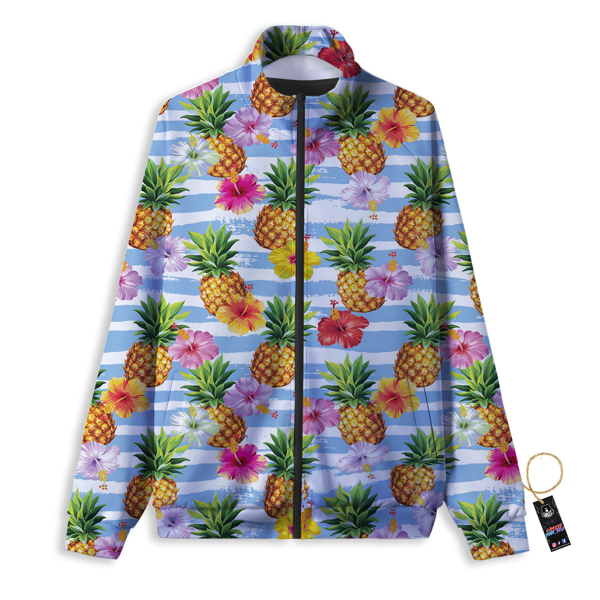 Striped Hibiscus And Pineapple Print Track Jacket-grizzshop