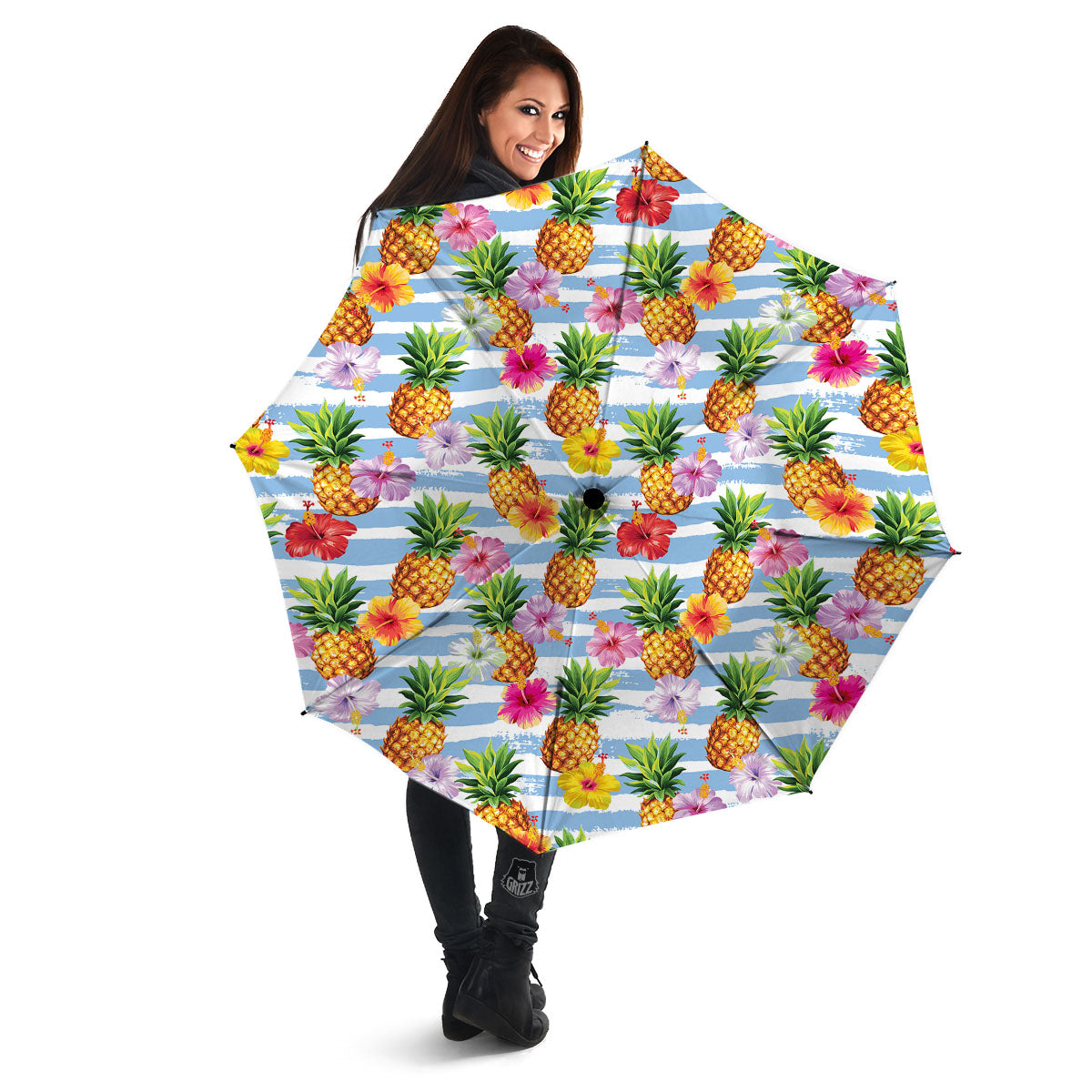 Striped Hibiscus And Pineapple Print Umbrella-grizzshop