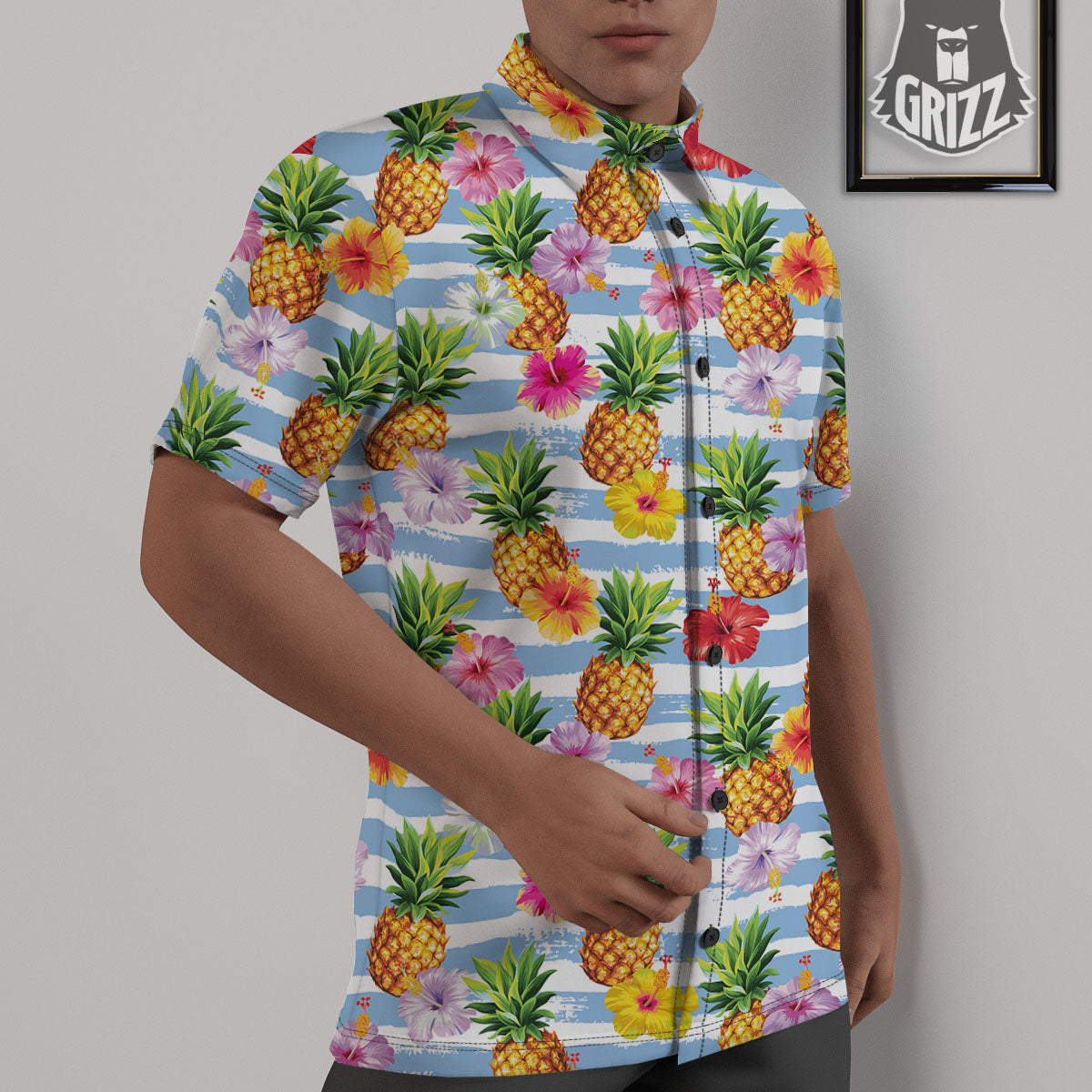Striped Hibiscus And Pineapple Print Untucked Shirts-grizzshop
