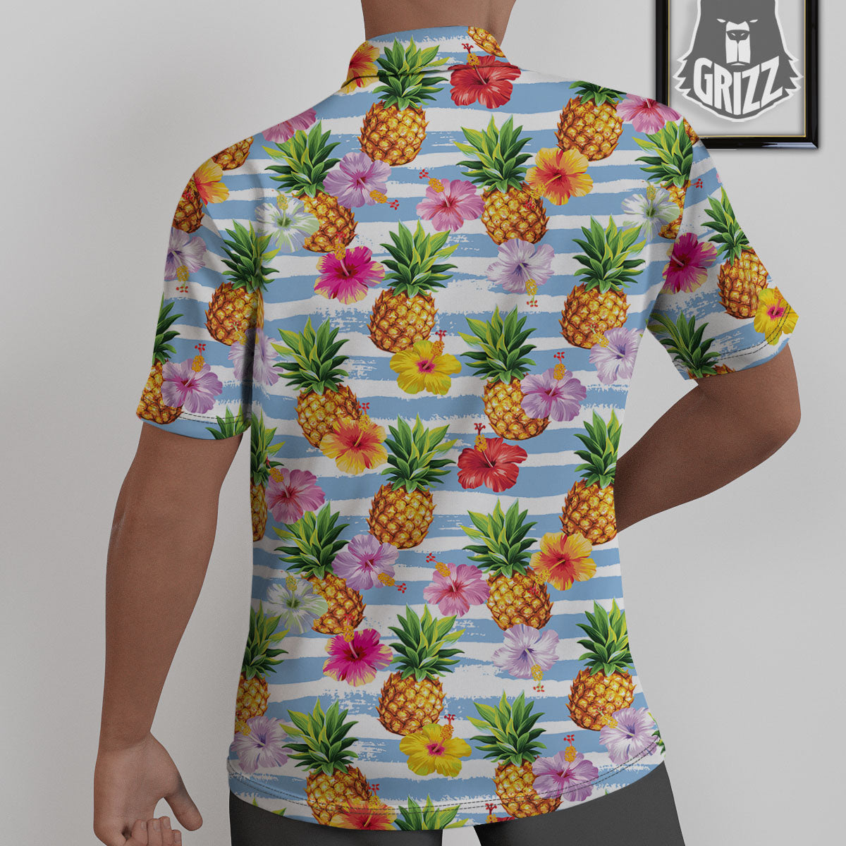 Striped Hibiscus And Pineapple Print Untucked Shirts-grizzshop