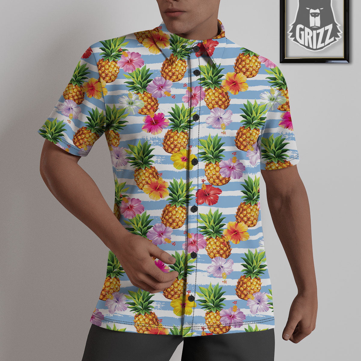 Striped Hibiscus And Pineapple Print Untucked Shirts-grizzshop