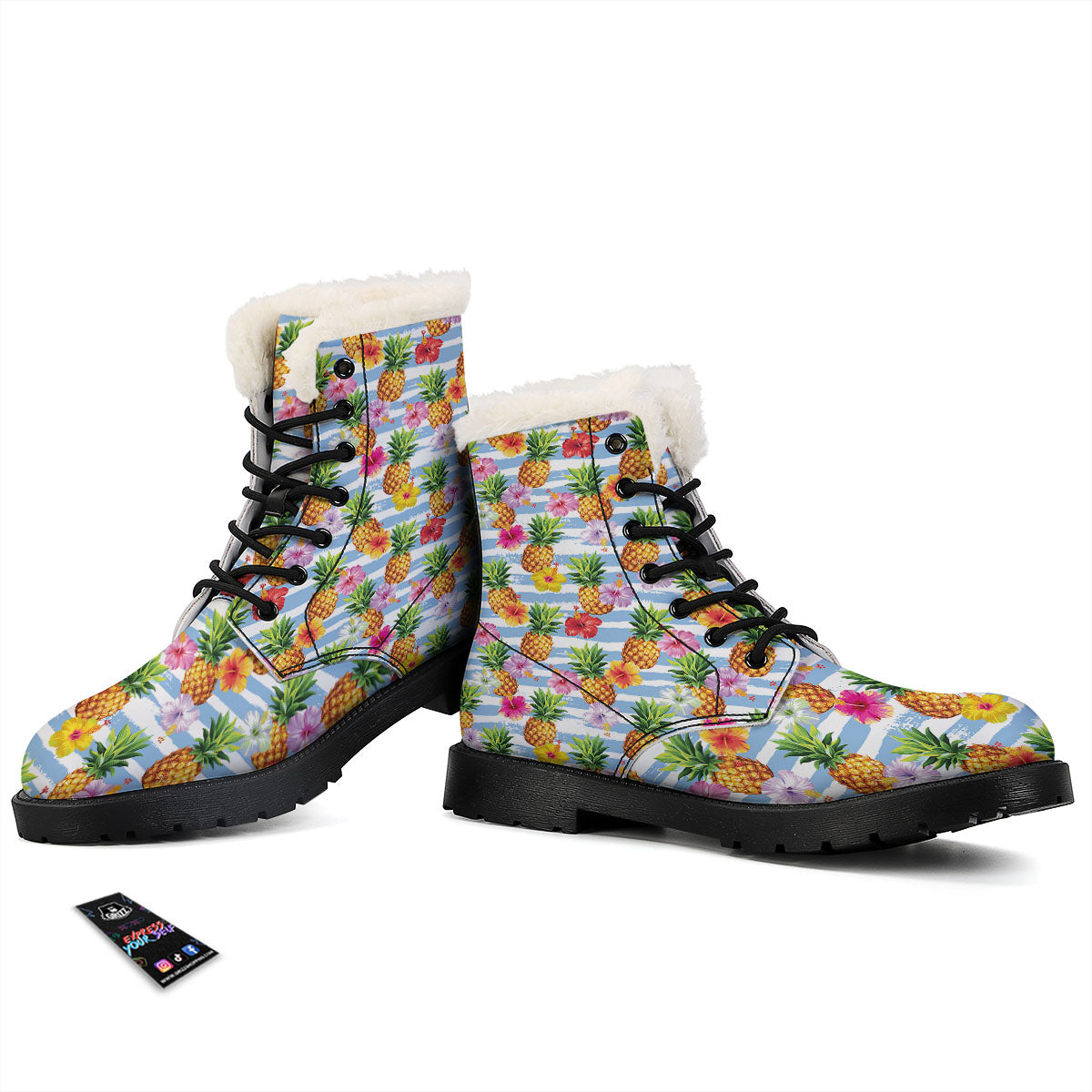 Striped Hibiscus And Pineapple Print Winter Boots-grizzshop