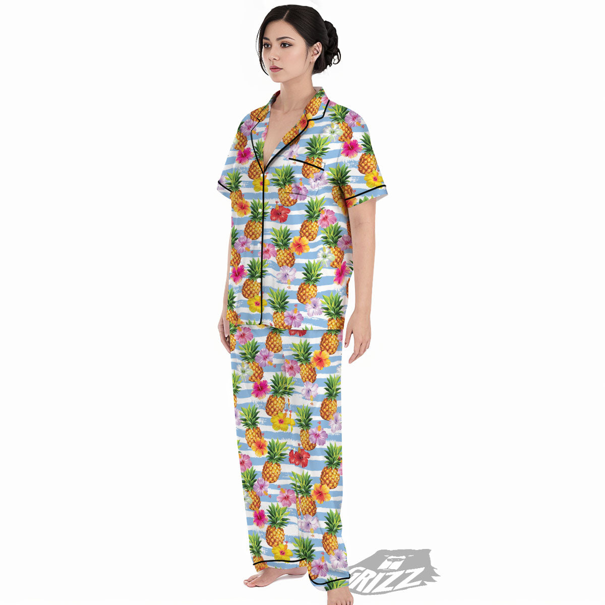 Striped Hibiscus And Pineapple Print Women's Pajamas Set-grizzshop