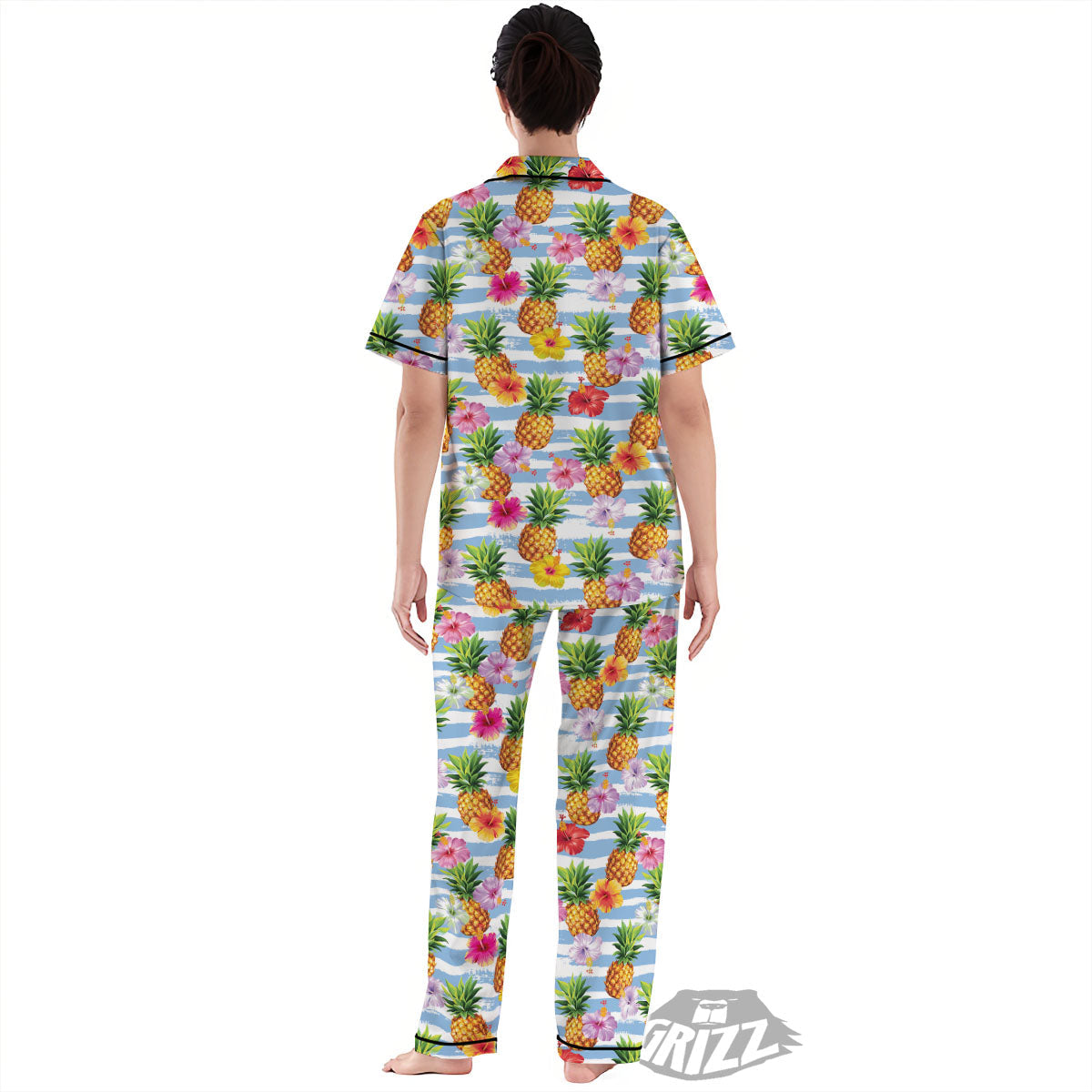 Striped Hibiscus And Pineapple Print Women's Pajamas Set-grizzshop