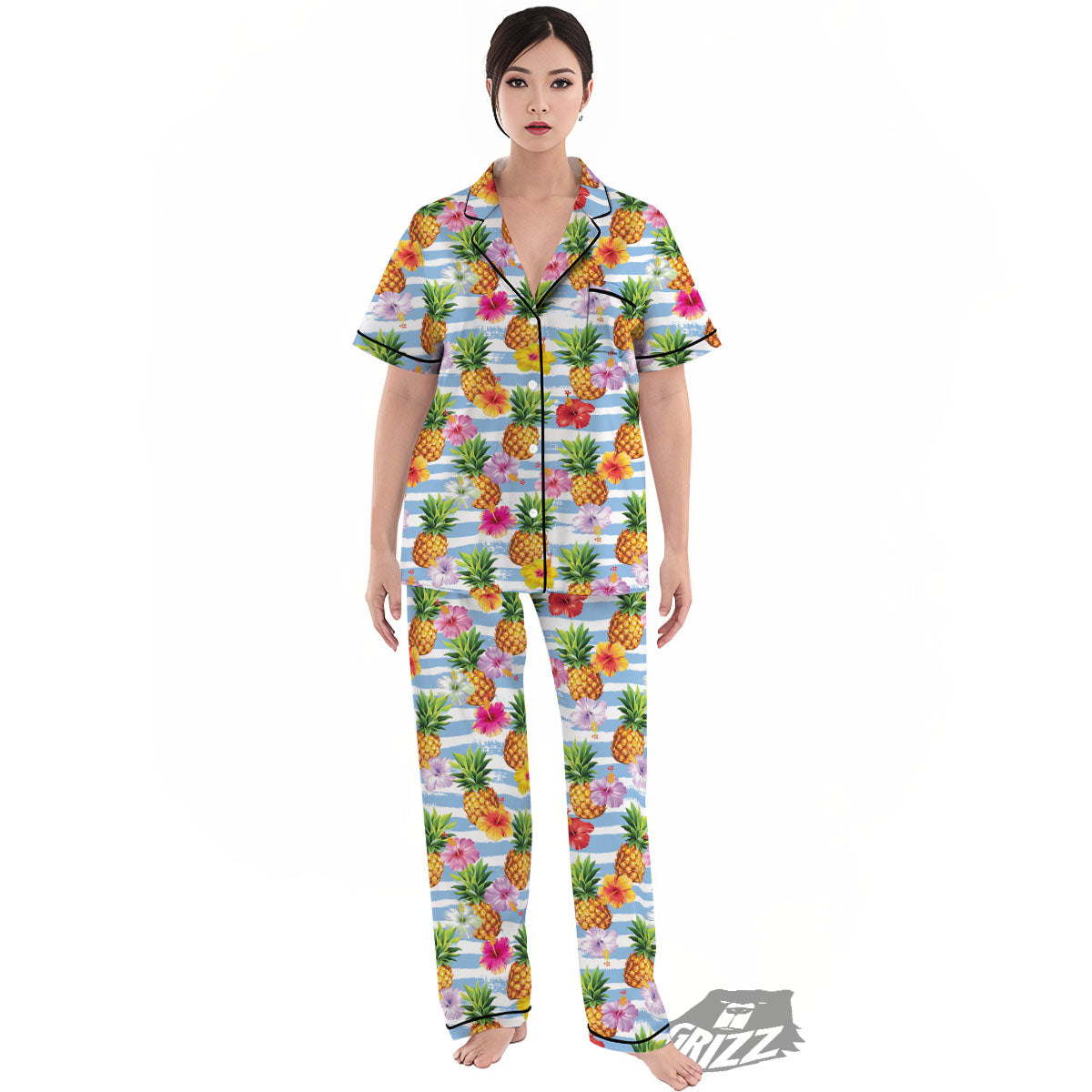 Striped Hibiscus And Pineapple Print Women's Pajamas Set-grizzshop