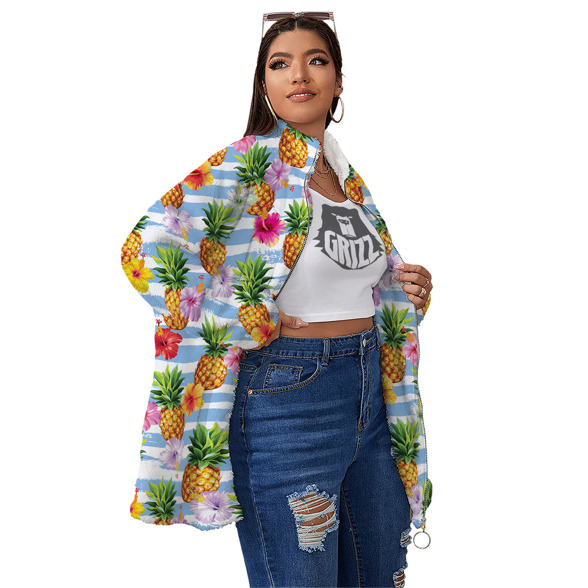 Striped Hibiscus And Pineapple Print Women's Sherpa Jacket-grizzshop