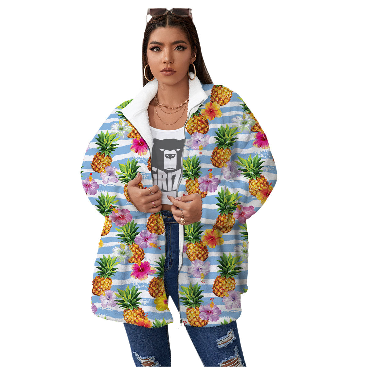 Striped Hibiscus And Pineapple Print Women's Sherpa Jacket-grizzshop