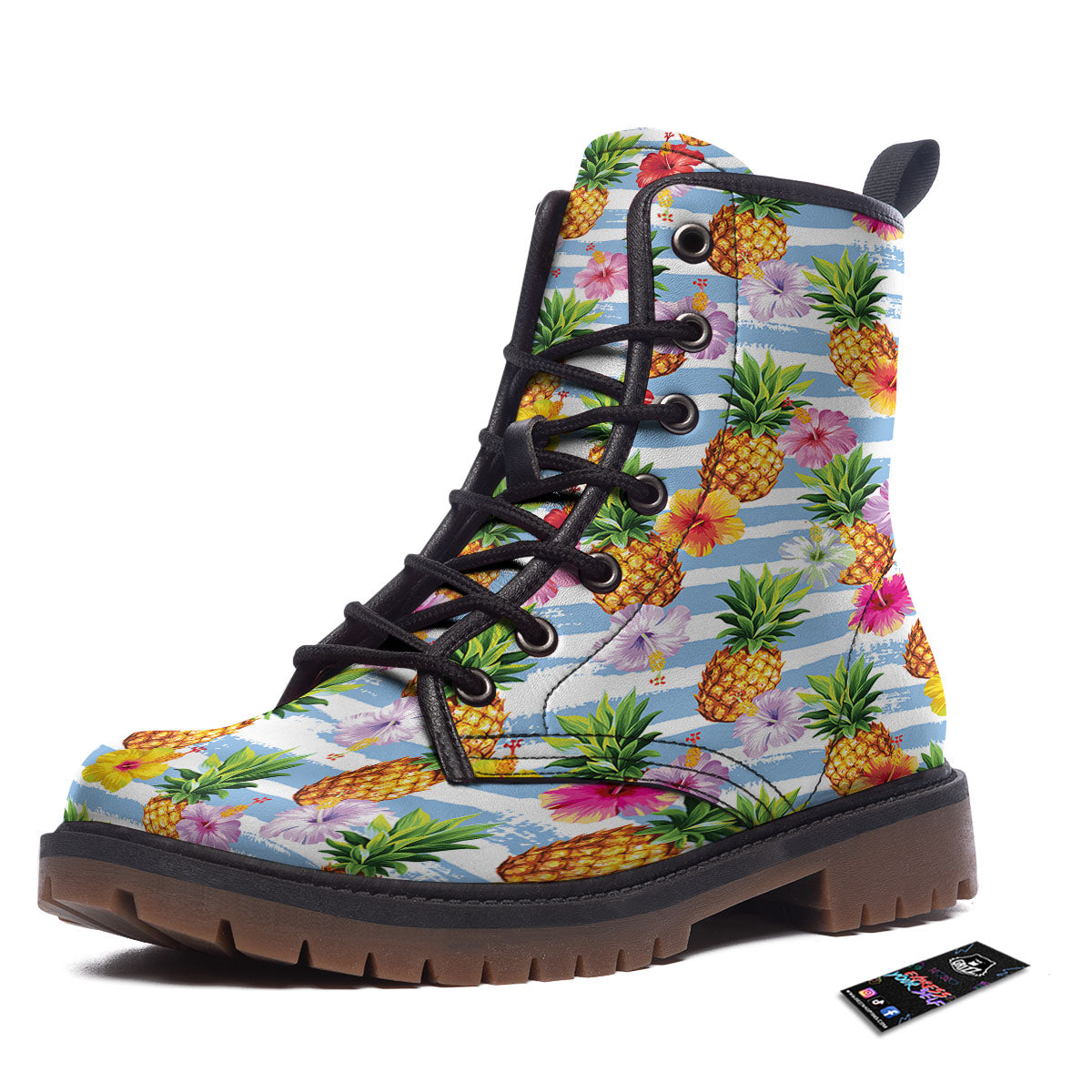 Striped Hibiscus And Pineapple Print Work Boots-grizzshop