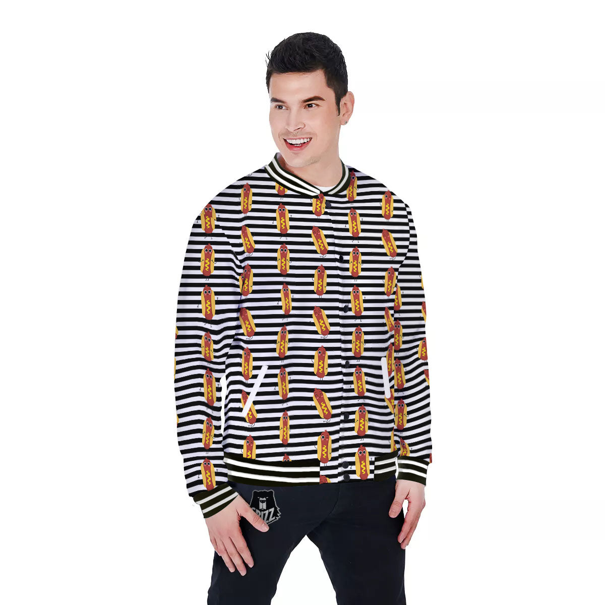 Striped Hot Dog Print Pattern Baseball Jacket-grizzshop
