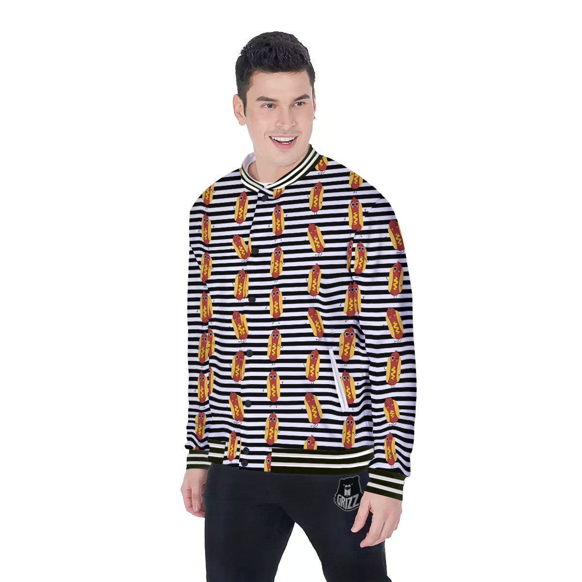 Striped Hot Dog Print Pattern Baseball Jacket-grizzshop