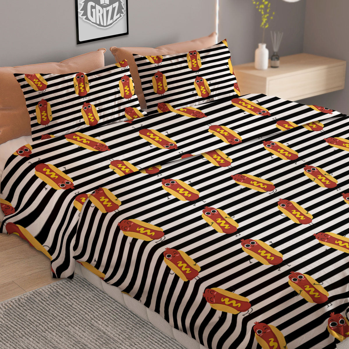 Striped Hot Dog Print Pattern Duvet Cover Bedding Set