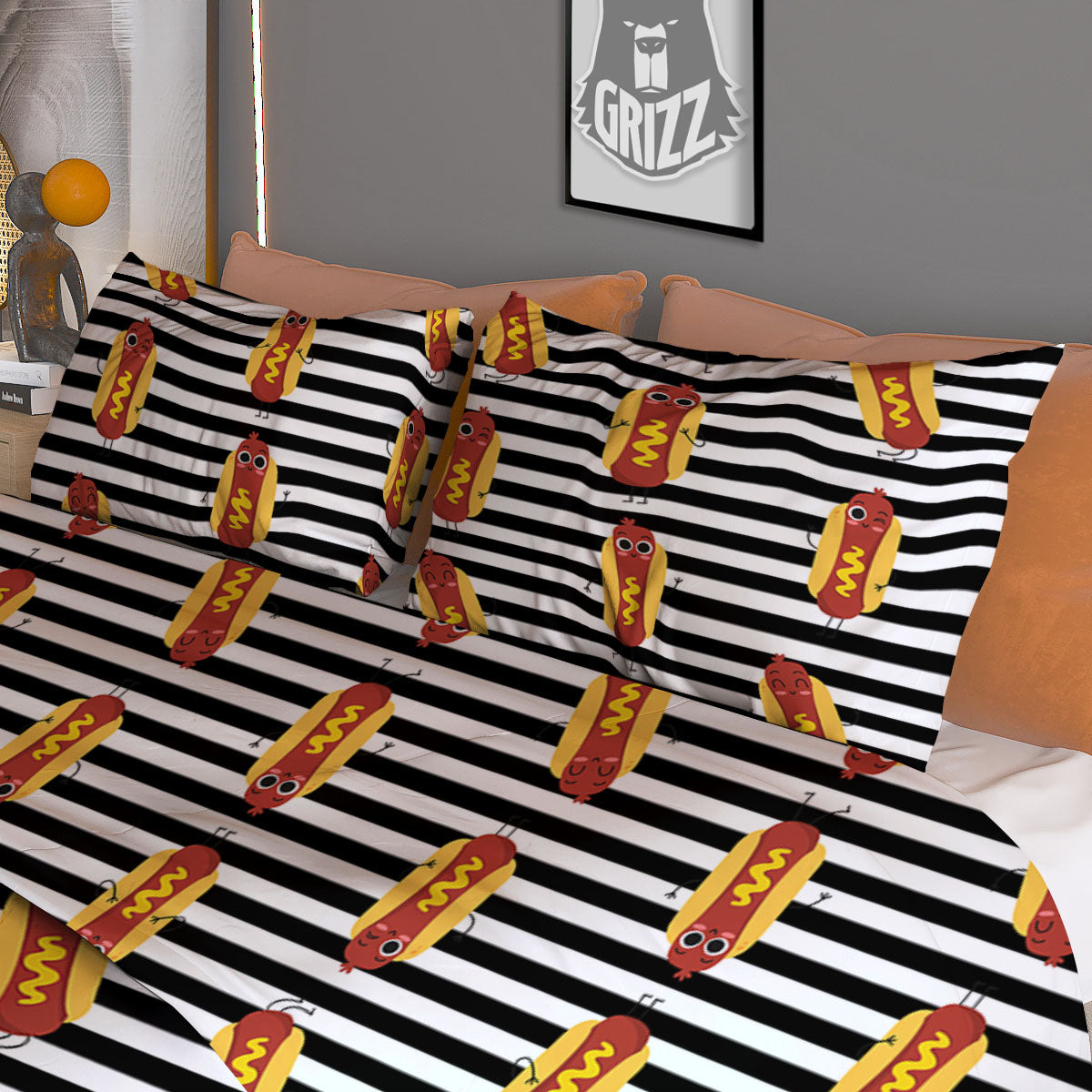 Striped Hot Dog Print Pattern Duvet Cover Bedding Set