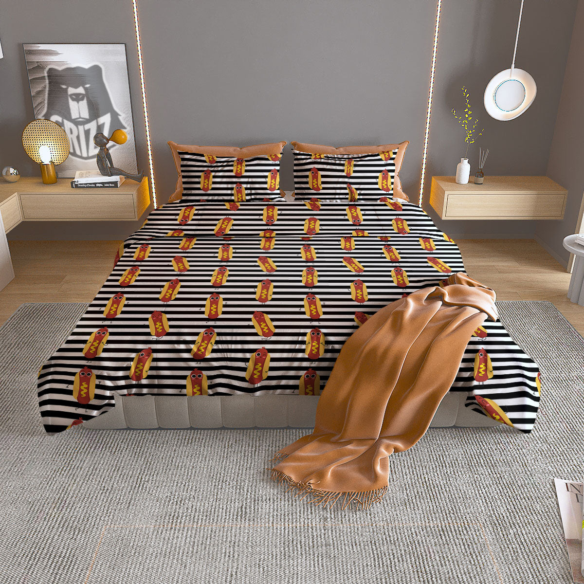 Striped Hot Dog Print Pattern Duvet Cover Bedding Set