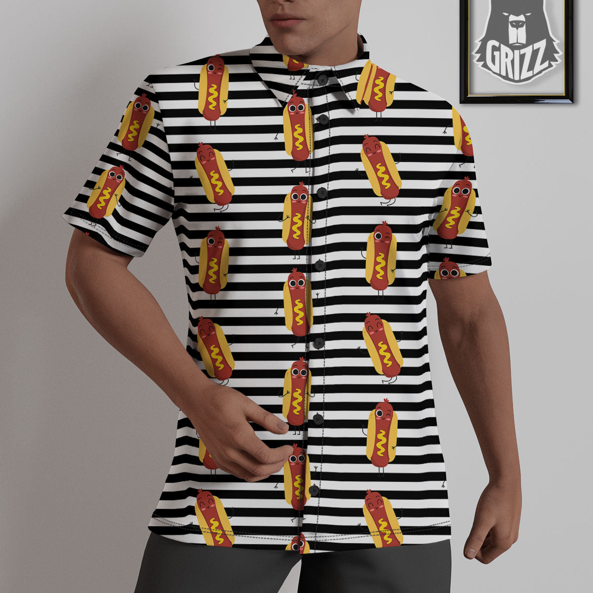 Striped Hot Dog Print Pattern Untucked Shirts-grizzshop