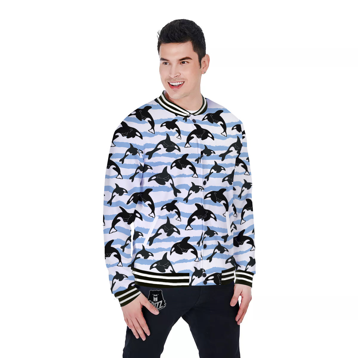 Striped Killer Whale Blue Print Pattern Baseball Jacket-grizzshop