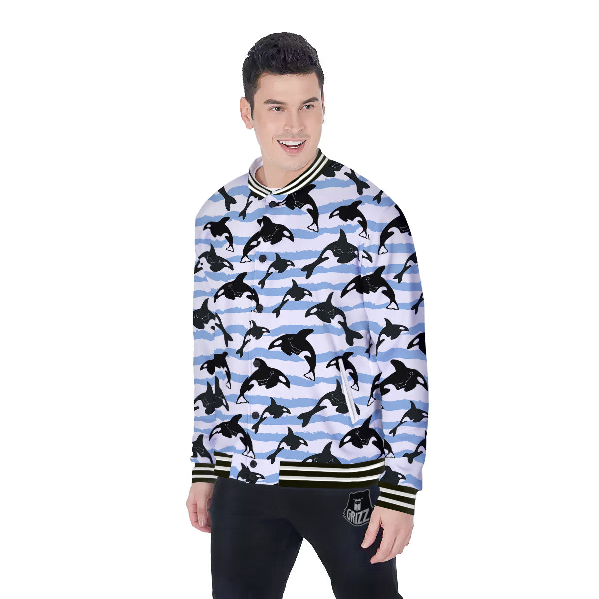 Striped Killer Whale Blue Print Pattern Baseball Jacket-grizzshop
