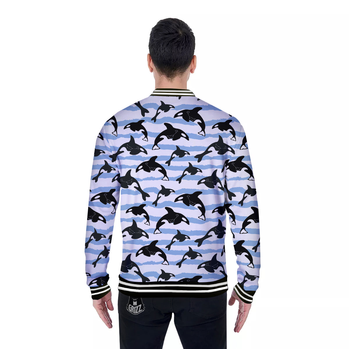 Striped Killer Whale Blue Print Pattern Baseball Jacket-grizzshop