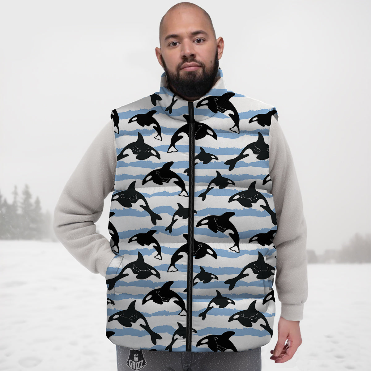 Striped Killer Whale Blue Print Pattern Down Vest
